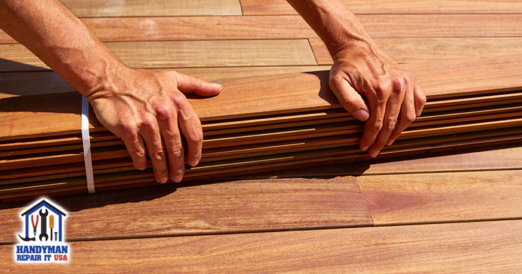 decking installation plywood wood hands worker