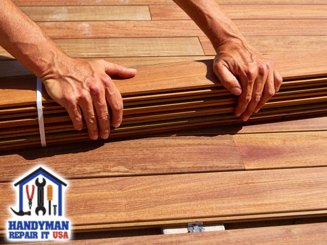 decking installation plywood wood hands worker