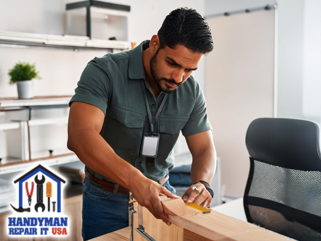 male professional technician working performing expert furniture assembly in office