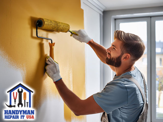 professional handyman working on expert painting service on wall of residential home